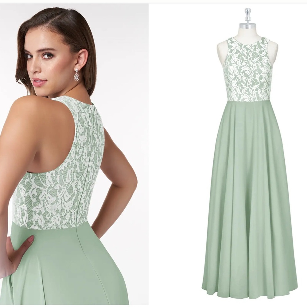 NWT Azazie Kate Bridesmaid Dress Lace Bodice‎ Formal Gown Dusty Sage A8 - Picture 3 of 15